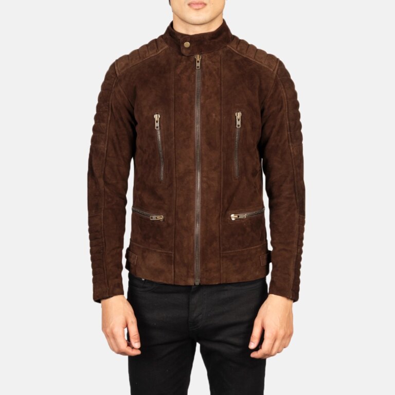 Mens Damian Mocha Suede Biker Jacket Close Front-5-1720090426736
